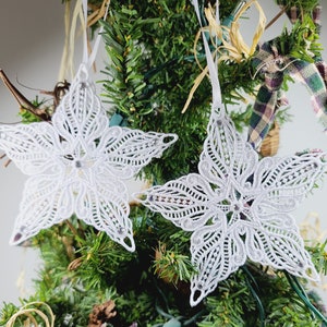 Lace Snowflake Ornaments (Set of 2): White Embroidered Rhinestone Holiday Decor