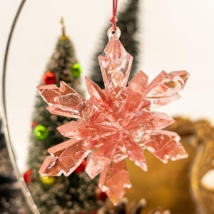 Cherry Quartz Crystal Snowflake Holiday Ornament Hanging Decoration | Handcrafted From Real Gems and Resin
