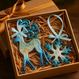 Handmade Resin Christmas Ornaments: Blue and Gold Holiday Decor