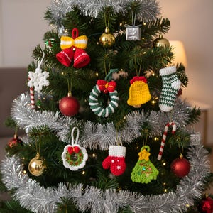 Handcrafted Wool Crochet Christmas Ornaments, Santa, Bells, Snowflake Set... Festive Tree Decorations, Christmas Gift