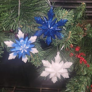 Stunning Sapphire Blue and White Snowflake Resin Christmas Ornaments, Handmade - Great for decorating or giving as gifts