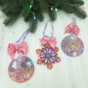 Set of 3 Christmas Resin Ornaments, Gift Box with Red Ribbon, Handmade Holiday Gift, Unique Decorations, Gift for Her