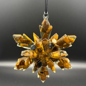 Tiger's Eye Crystal Snowflake Holiday Ornament Hanging Decoration | Handcrafted From Real Gems And Resin